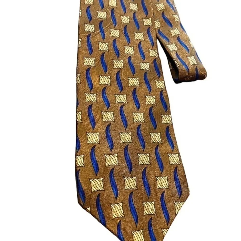 VINTAGE FERRELL REED SILK‎ Tan Blue NECK TIE MADE IN ITALY BY HAND